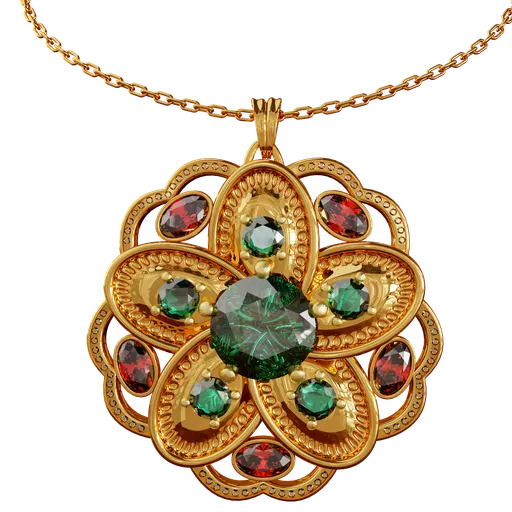 Detailed 3D render of a luxurious gold floral pendant with gemstones optimized for Blender.