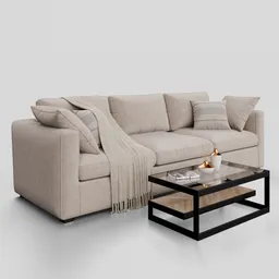 Modern 3D-rendered fabric sofa with cushions, blanket, and coffee table for Blender 3D visualization.