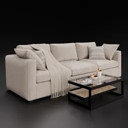 Modern 3D-rendered fabric sofa with cushions, blanket, and coffee table for Blender 3D visualization.