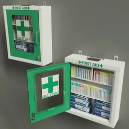 "Green First Aid Cabinet with Medical Supplies - 3D Model for Blender 3D. Wall-mounted with Cam Lock and Carry Handle. Also available in Red version. Perfect for Medical or Emergency Scenes."