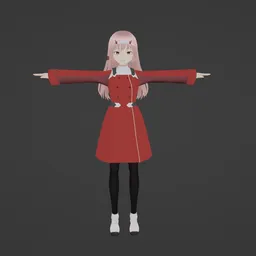 "Zero Two from the anime Darling in the Franxx - a beautifully crafted 3D model in Blender 3D, featuring the character in a red dress, holding pencils in her hands, 'wip', and fully rigged in T-pose. This print-ready model has extremely long hair, with a jacket and was created in 2019 by Haruno Sakura, as seen on Sketchfab."