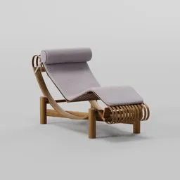 "Discover the exquisite Pool chair 'TOKYO CHAISE LONGUE', a luxurious addition to outdoor furniture. Crafted with walnut wood and featuring sleek lines, this trendy chair showcases a roll of fabric and a violet polsangi, creating a stunning visual. Ideal for Blender 3D enthusiasts seeking a high-quality 3D model for their projects."