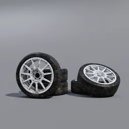 Realistic 3D model of rally car wheels with detailed treads and rims, compatible with Blender rendering.