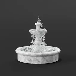 Realistic 3D model of a marble fountain with dynamic water simulation, compatible with Blender.