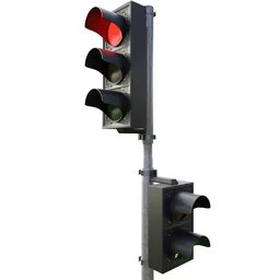 "Realistic Traffic Lights Set for Blender 3D - Perfect for Urban Cityscapes. Includes Four Variations of Traffic Lights Mounted on Metal Posts. High-Quality and Rigid 3D Renders and Models Available Now."
