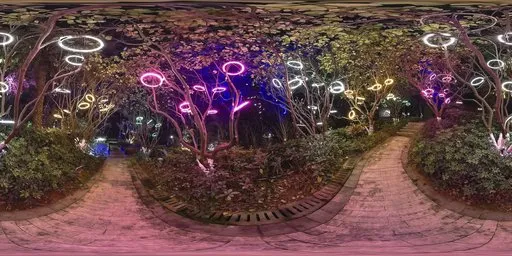 Colorful neon ring lights illuminating a lush garden scene for realistic lighting in 3D rendering environments.