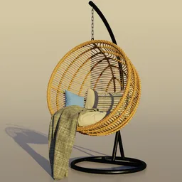 "Outdoor Furniture: Hanging Nest Chair made of bamboo and steel with white and blue cushions and a blanket. 3D model created using Blender 3D software."