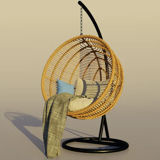 Detailed 3D rendering of a cozy bamboo hanging chair with plush cushions, ideal for Blender outdoor scene designs.