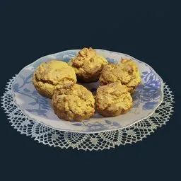Highly detailed 3D scanned muffins on a vintage plate, perfect for Blender 3D projects requiring realistic sweet treats.