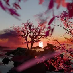 Rendered 3D sunset scene with volumetric clouds and textured trees by Blender.