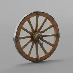 Detailed 3D rendered model of an aged wooden cart wheel with metal accents, compatible with Blender.