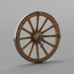 "Highly detailed old cart wheel 3D model with a wooden structure and metal chain. Perfect for vehicles and siege concept art in Blender 3D software."