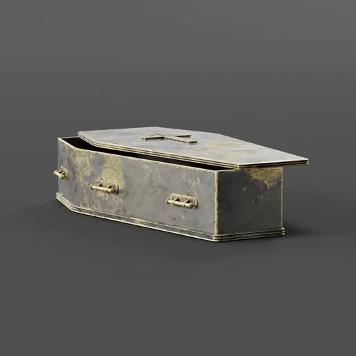 Detailed 3D render of an aged gold coffin with weathered texture, compatible with Blender for realistic scenes.