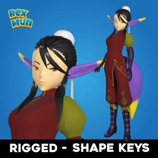 Anime-style 3D elf model with facial expressions, low-poly, clean UVs, and ready-to-animate rig.