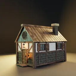 "Low poly 3D model of a historic medieval house in Blender 3D. Detailed textures, with a tavern interior and atmospheric lighting. Perfect for historical re-creations in 3D."
