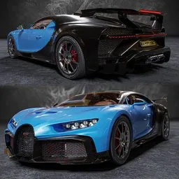 Highly detailed 3D model of a blue Bugatti Chiron, showcasing exterior design and customisable procedural materials, compatible with Eevee and Cycles.