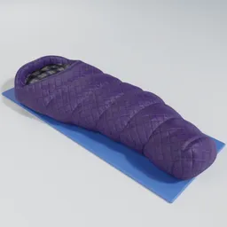 Purple 3D modeled sleeping bag on blue mat, high-detail Blender asset for camping exercise simulation.