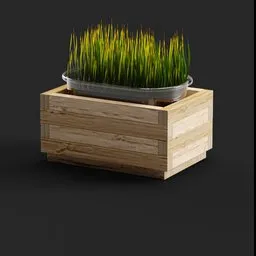 Blender 3D model featuring detailed grass in a glass pot set within a wooden vase against a neutral backdrop.