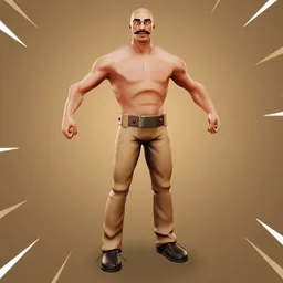 "Stylized full-body 3D model of a bounty hunter with a mustache and epic multifigures composition. Suitable for animation and game development, this character is rigged and designed with brown clothes, violet skin, and a bald head. Perfect for Blender 3D enthusiasts seeking a versatile and high-quality model."