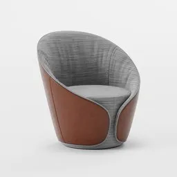 Minimalist modern armchair 3D model, gray fabric with brown leather accents, compatible with Blender.