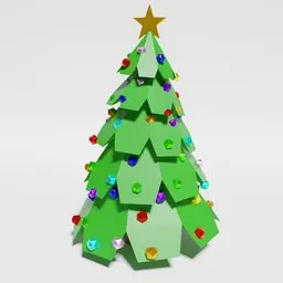 Stylized low-poly 3D Christmas tree with colorful ornaments and a golden star, optimized for Blender modeling.