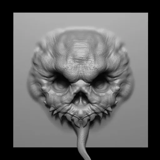 3D sculpting brush pattern of a detailed monster face with a hanging tongue for Blender modeling
