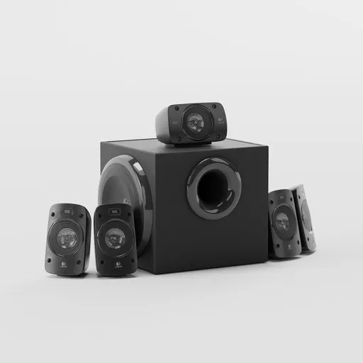 Detailed 3D model of a Logitech Z905 speaker system, suitable for Blender 3D rendering and home theater design mockups.