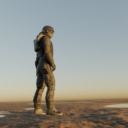 Detailed 3D model of futuristic warrior with robot companion, designed for Blender rendering.
