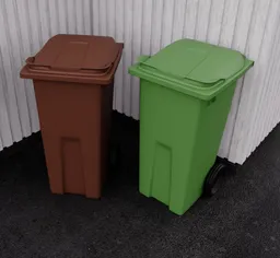 Realistic green and brown plastic garbage bin 3D models for exterior scenes in Blender.