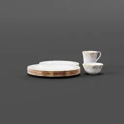 Detailed 3D model of ornate floral-patterned tableware set, including plates, cup, and bowl, suitable for Blender renderings.