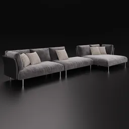Detailed 3D sectional sofa model with velvet texture, compatible with Blender 4.0, ready for digital rendering.