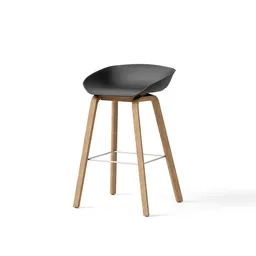 "3D model of a wooden bar stool with a black seat, suitable for interior visualizations in Blender 3D software. This tall and slender bar chair features a high-definition render and is ideal for creating realistic bar scenes. Explore the detailed renderings and customizable options of this versatile furniture piece, perfect for enhancing your virtual interior designs."