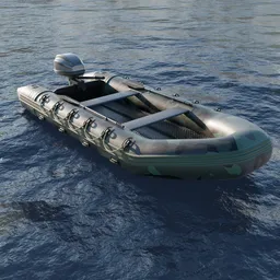 Detailed 3D model of camouflaged inflatable boat with outboard motor, ideal for animation in military or hunting scenes.