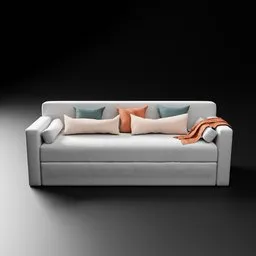 Detailed 3D rendering of a modern white sofa with colorful cushions and throw blanket, suitable for Blender projects.