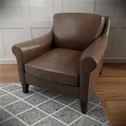 Detailed brown leather armchair 3D render for Blender, modern design with cushion, on patterned rug.