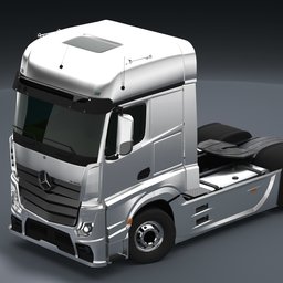 "3D model of a Mercedes-Benz Actros truck with a flat bed on a gray surface, designed in the style of Norman Foster and featuring cloth simulation. This futuristic design features a metallic skin and top-down view, with assets suitable for scenarios. Perfect for Blender 3D users in need of high-quality 3D models for their projects."