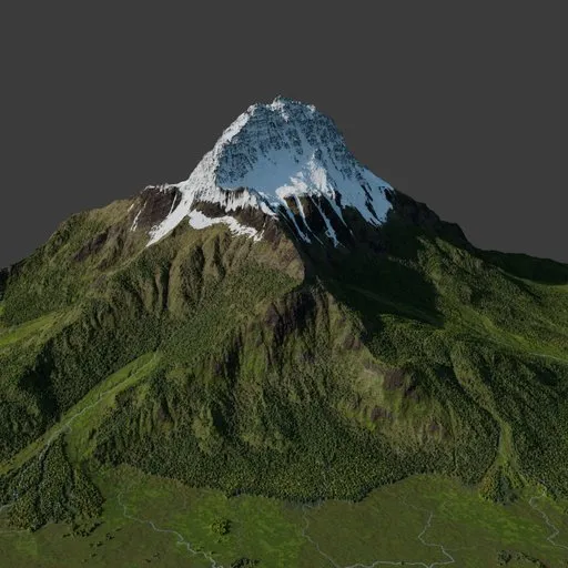 High-resolution 3D model of a realistic mountain with detailed snow, grass, and customizable elements, suitable for Blender.