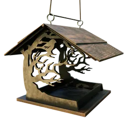 Stylized wooden bird feeder 3D model with branch and bird design, optimized for Blender rendering.