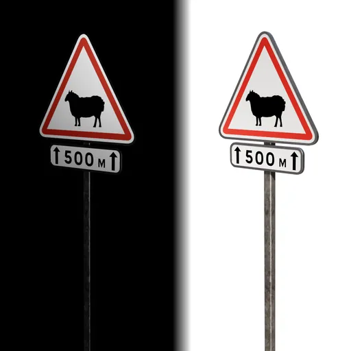 Detailed 3D model of sheep warning road sign with reflective texture for Blender, editable text element included.