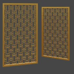 "3D model of a decorative partition with a stylish pattern, created in Blender 3D software. This modular item features sliding glass windows, vents, and rounded lines, perfect for interior design projects. The untextured design adds flexibility for customization."