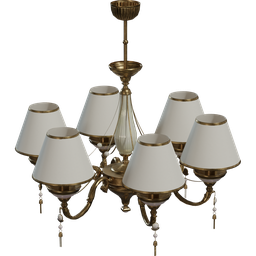 Detailed 3D model of a classic chandelier with white shades, suitable for Blender rendering.