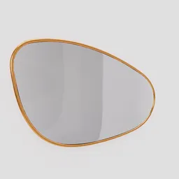 Detailed 3D model of an organic-shaped mirror with a textured brass edge, reflecting light subtly.