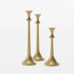 Antique brass taper candle holders 3D set in varying heights with a rustic texture, designed for Blender use.