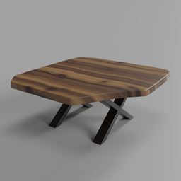 "Wooden coffee table with metal cross legs, inspired by Kōno Bairei. Photorealistic artstyle with sunken recessed indented spots on textured base. Ideal 3D model for Blender 3D users looking for a small and simple coffee table."
