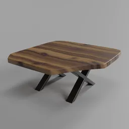 "Wooden coffee table with metal cross legs, inspired by Kōno Bairei. Photorealistic artstyle with sunken recessed indented spots on textured base. Ideal 3D model for Blender 3D users looking for a small and simple coffee table."