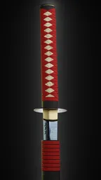 Detailed 3D katana model with intricate hilt design, suitable for Blender rendering and historical scenes.