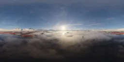 Sunrise over tranquil lake with mountain backdrop and misty atmosphere for realistic HDR lighting.