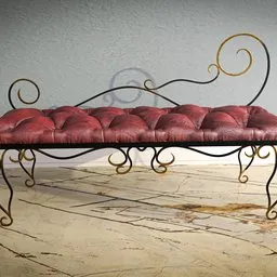 "A stylish leather bench with wrought iron base, perfect for the living room. The genuine leather is soft and comfortable, making it an ideal addition to any home decor. 3D rendered in steampunk style with black rococo and long metal spikes."