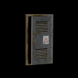 3D model of a textured industrial metal door with warning sign, designed for use in Blender.