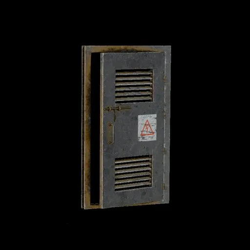 3D model of a textured industrial metal door with warning sign, designed for use in Blender.